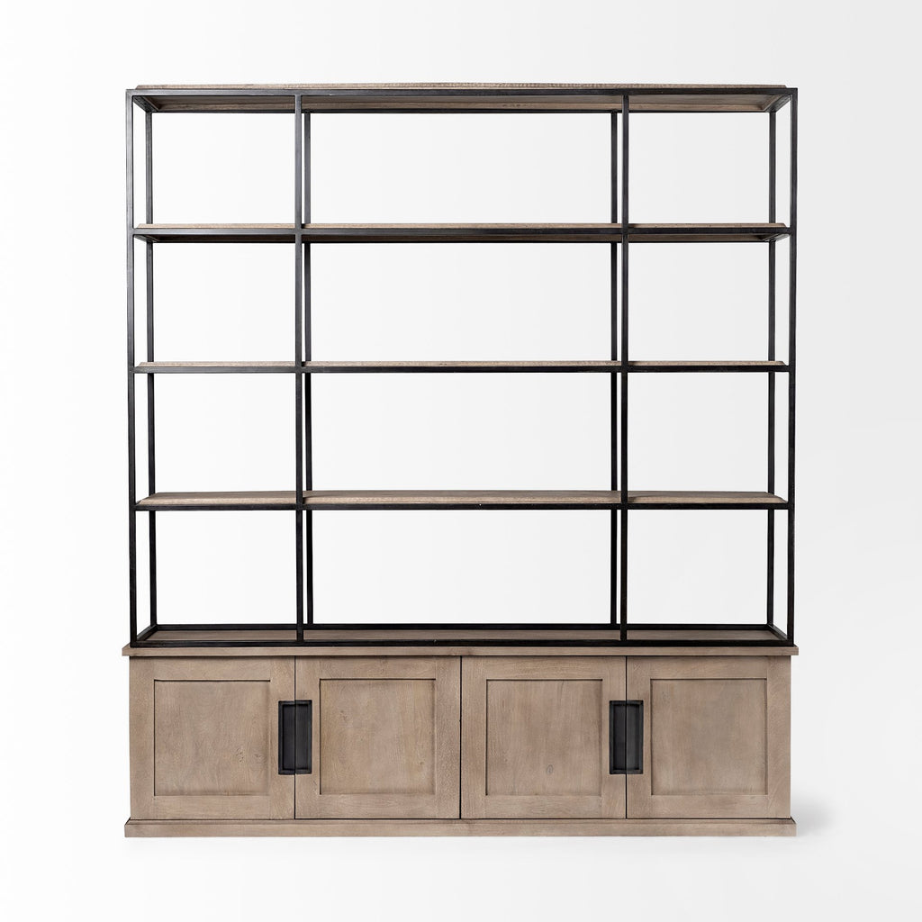 90" Brown Iron and Wood Three Tier Bookcase
