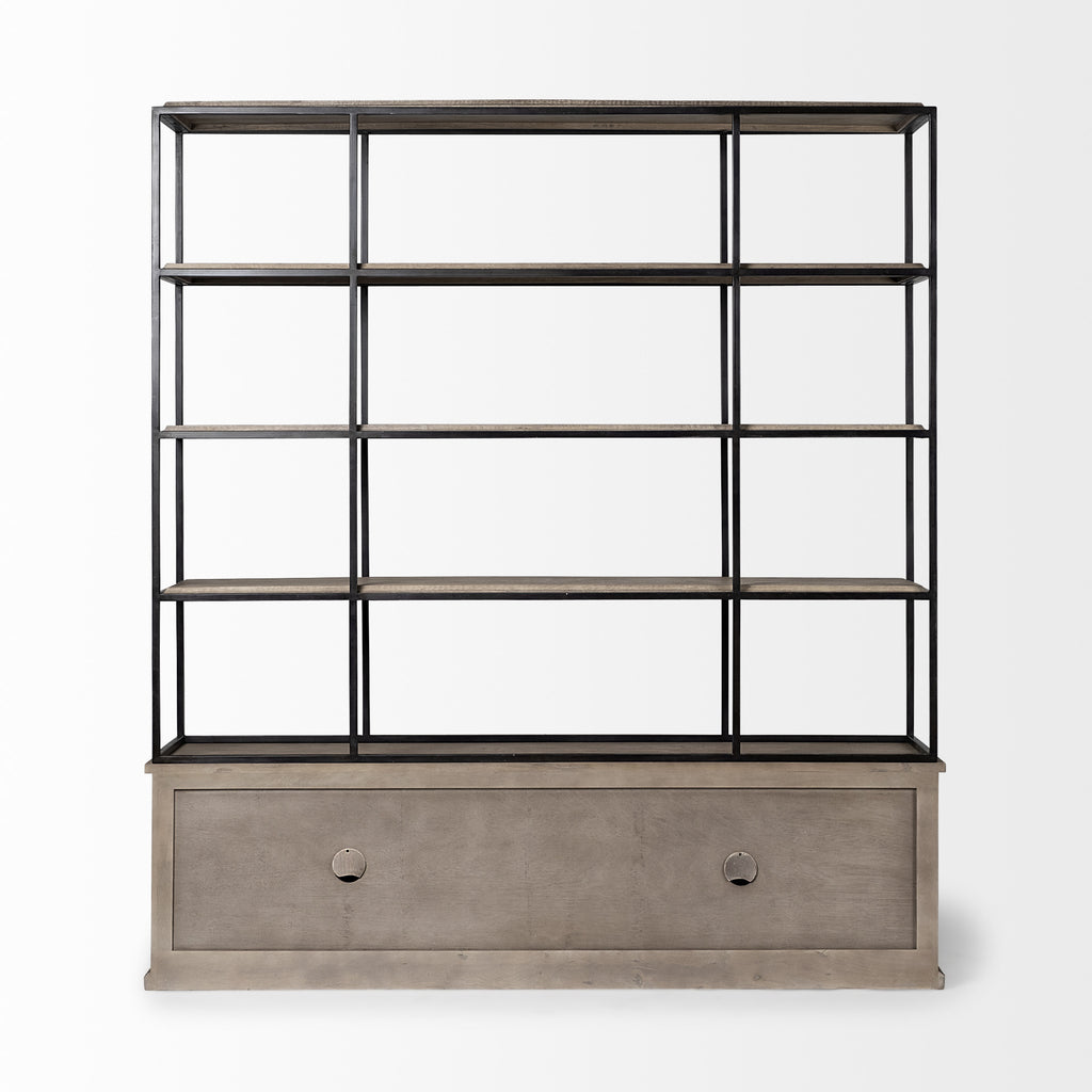 90" Brown Iron and Wood Three Tier Bookcase