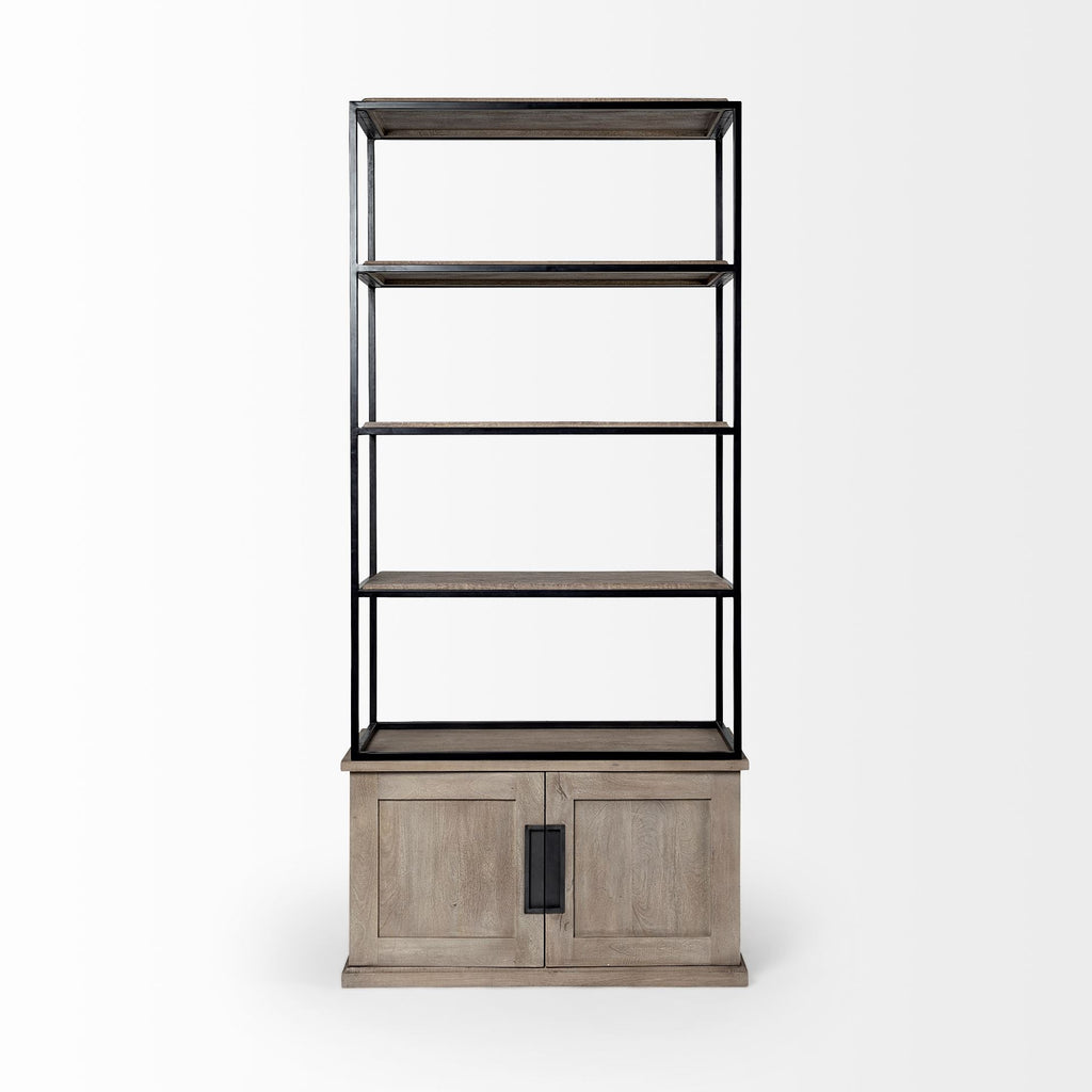 90" Brown Iron and Wood Three Tier Bookcase