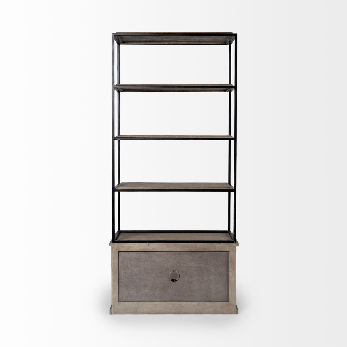 90" Brown Iron and Wood Three Tier Bookcase