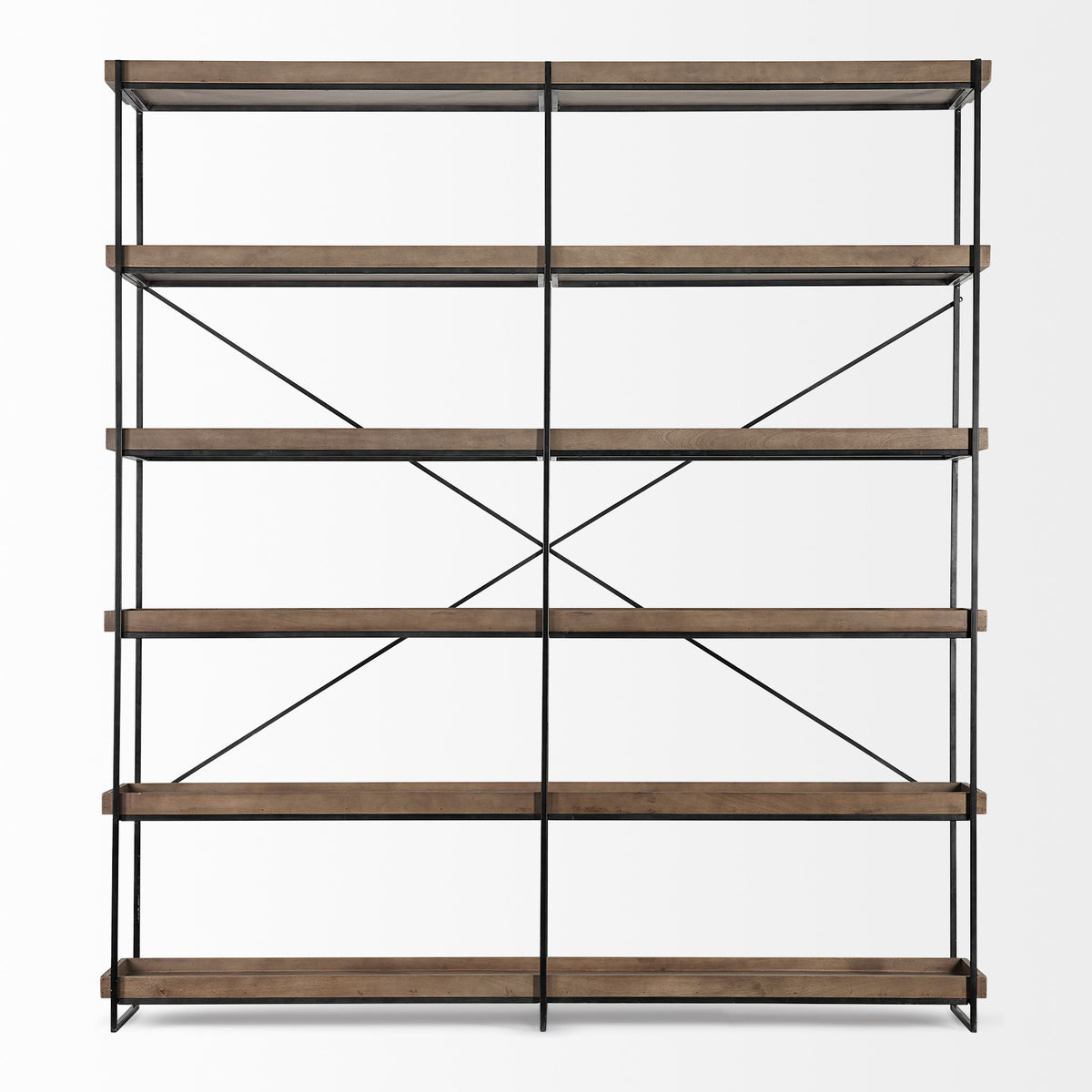 88" Black And Brown Iron and Wood Five Tier Bookcase