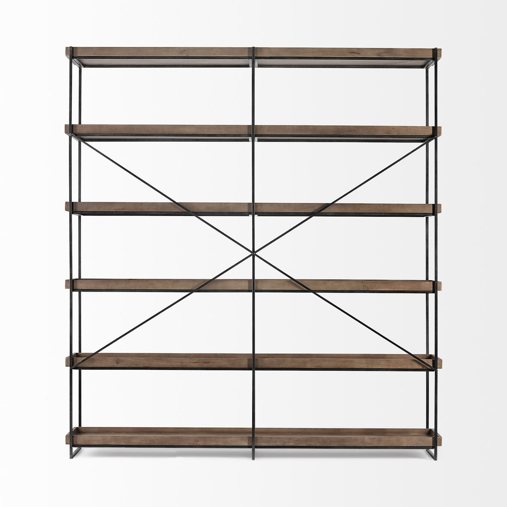 88" Black And Brown Iron and Wood Five Tier Bookcase