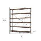 88" Black And Brown Iron and Wood Five Tier Bookcase