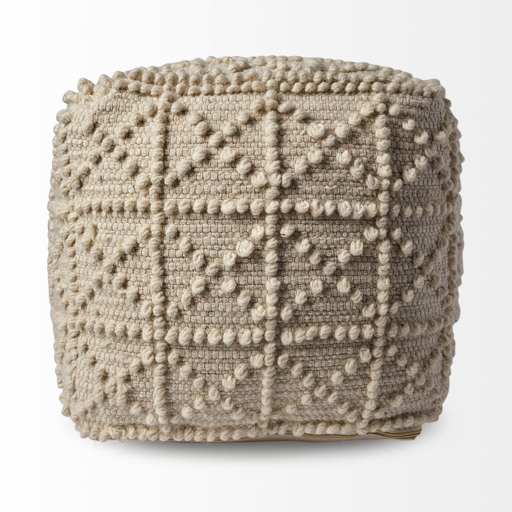 18" Ivory Wool Knubby Geometric Cube Pouf Ottoman
