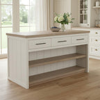 White And Brown Two Tone Wooden Kitchen Island With 3 Drawers
