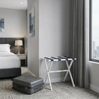 Hotel White Finish Wood Folding Luggage Rack With Navy Straps