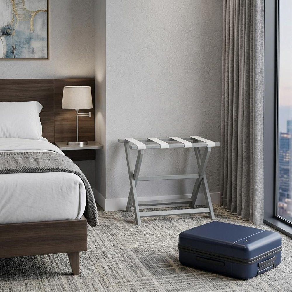 Earth Friendly Light Gray Folding Luggage Rack With White Straps