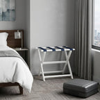Earth Friendly White Folding Luggage Rack With Navy Straps