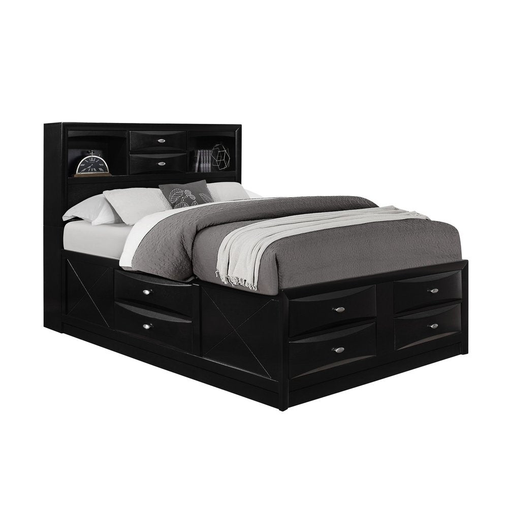 Black Carved Abstract Solid Wood King Bed Frame With Drawers