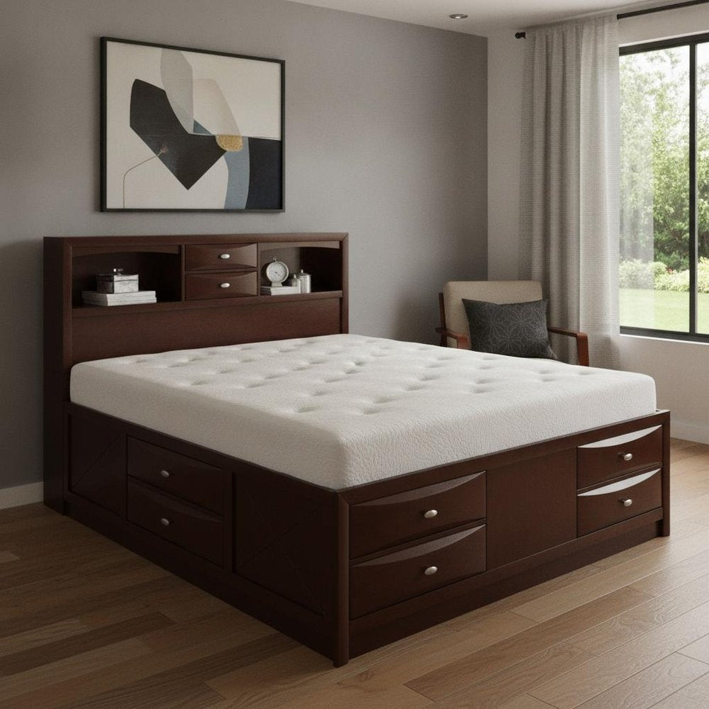 Merlot Solid Wood Queen Bed Frame With Eight Drawers