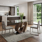 71" Clear And Brown and Silver Glass And Stainless Steel and Manufactured Wood Pedestal Base Dining Table