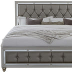 Silver Champagne Tone King Bed  Padded Headboard  Padded Footboard  Mirror Trim Accents