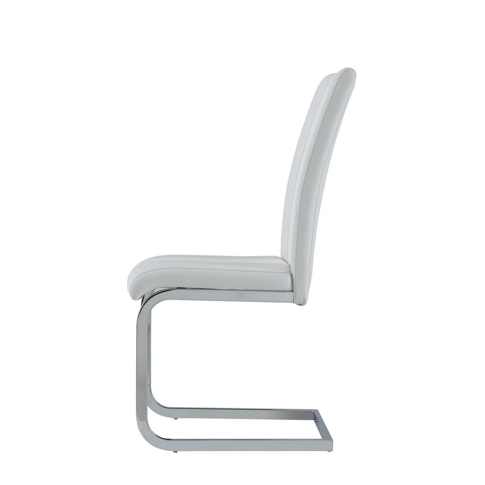Set of Four White and Silver Upholstered Faux Leather Dining Side Chairs