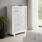 Modern White Dresser With 7 Faux Marble Detailed Front Drawer.