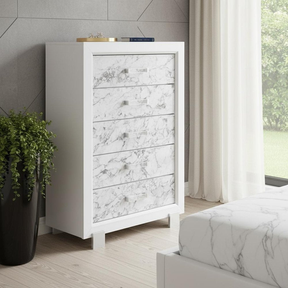 Modern White Dresser With 7 Faux Marble Detailed Front Drawer.