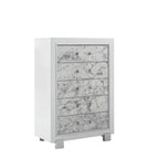 Modern White Dresser With 7 Faux Marble Detailed Front Drawer.