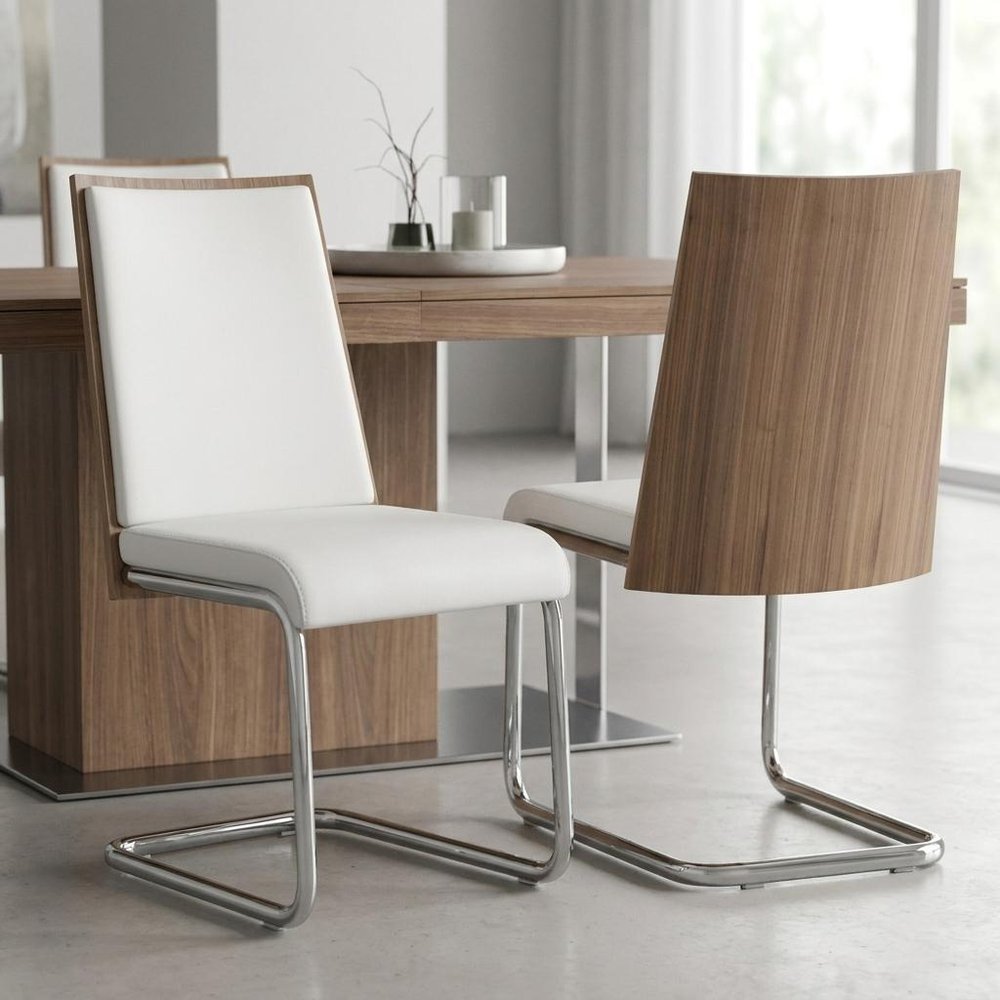 Set of Two White and Silver Upholstered Faux Leather Dining Side Chairs