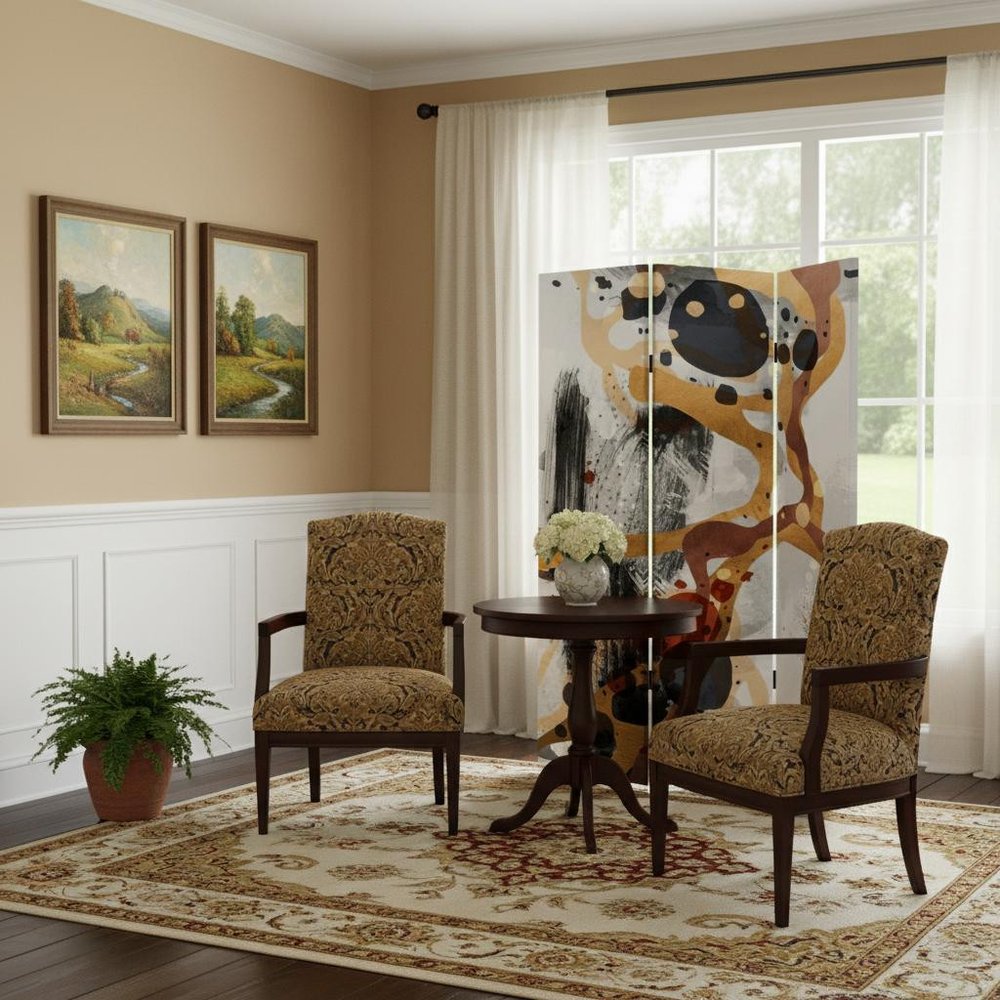 72" Black And White Canvas Folding Three Panel Screen Room Divider