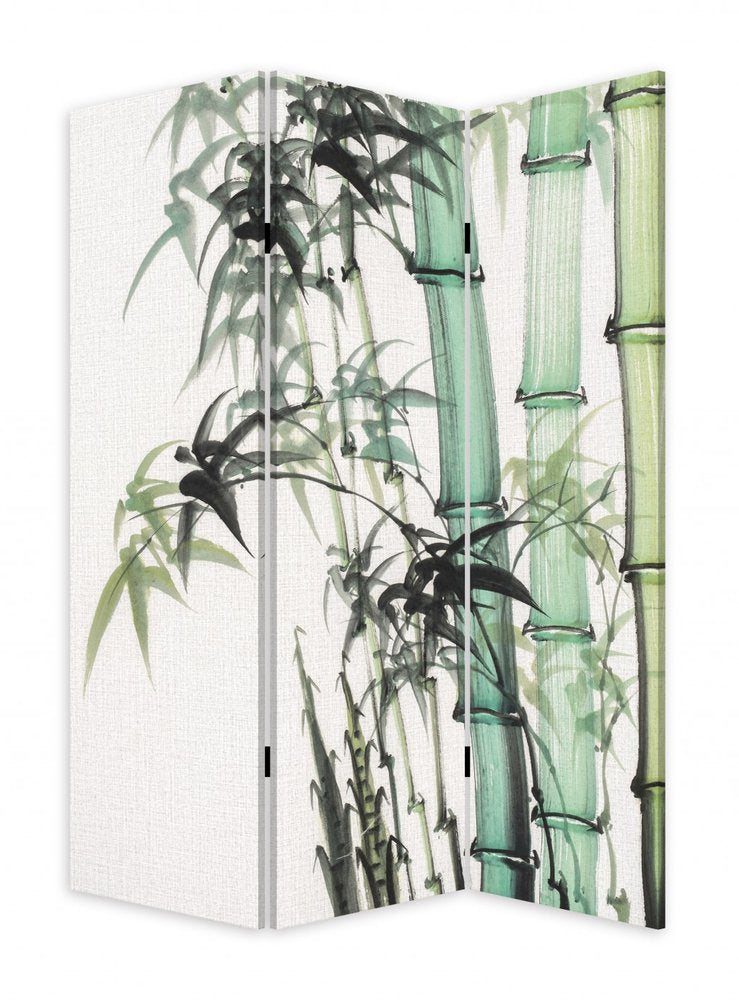 72" Green And White Canvas Folding Three Panel Screen Room Divider