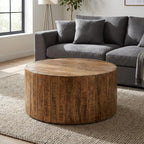 32" Brown Solid Wood Round Distressed Drum Coffee Table