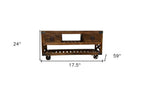 18" Brown and Black Solid Wood Distressed Wheel Console Table With Shelves And Drawers