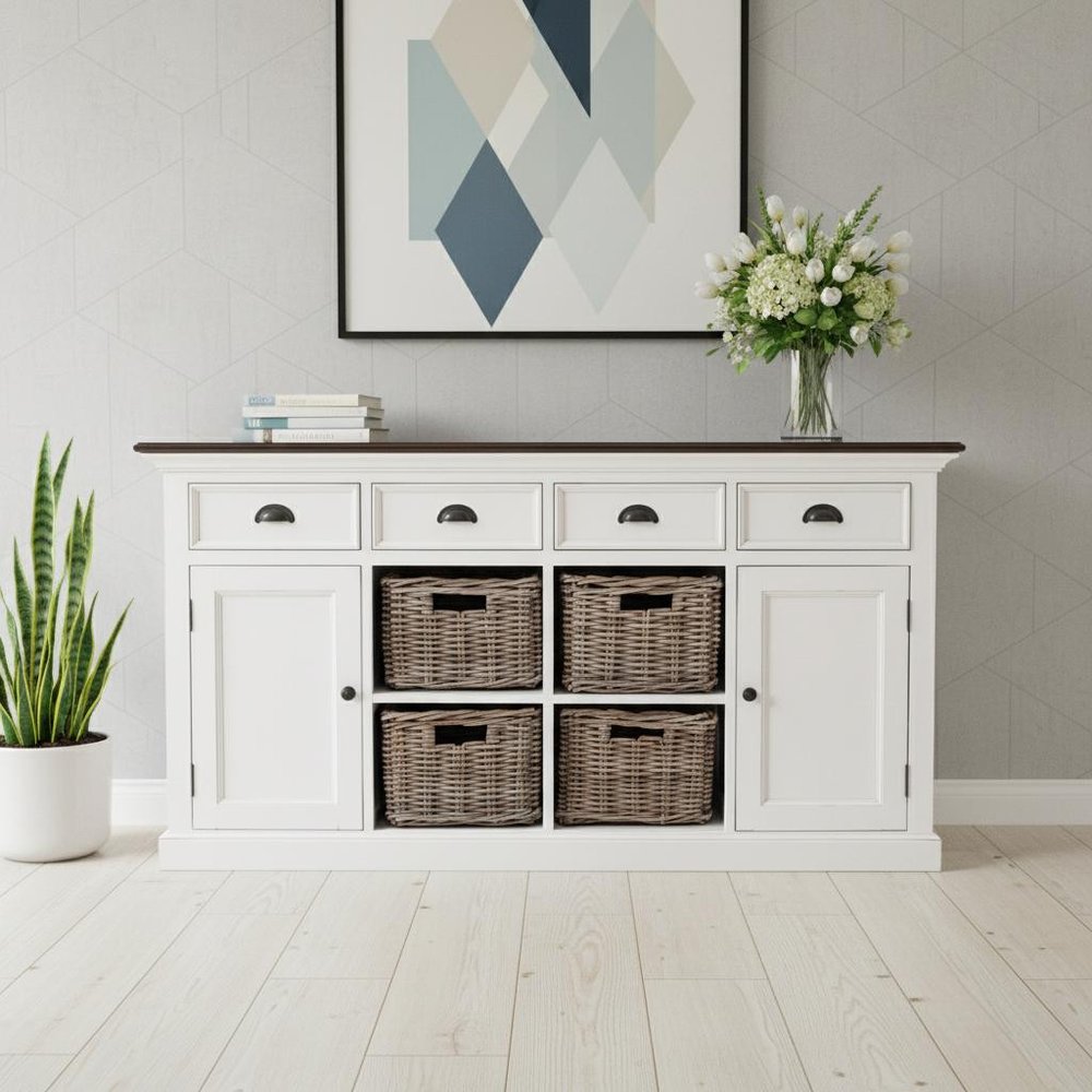 63" Brown And White Distressed Solid Wood Sideboard With Baskets