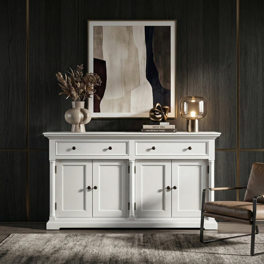57" White Solid Wood Two Drawer Sideboard with Four Doors