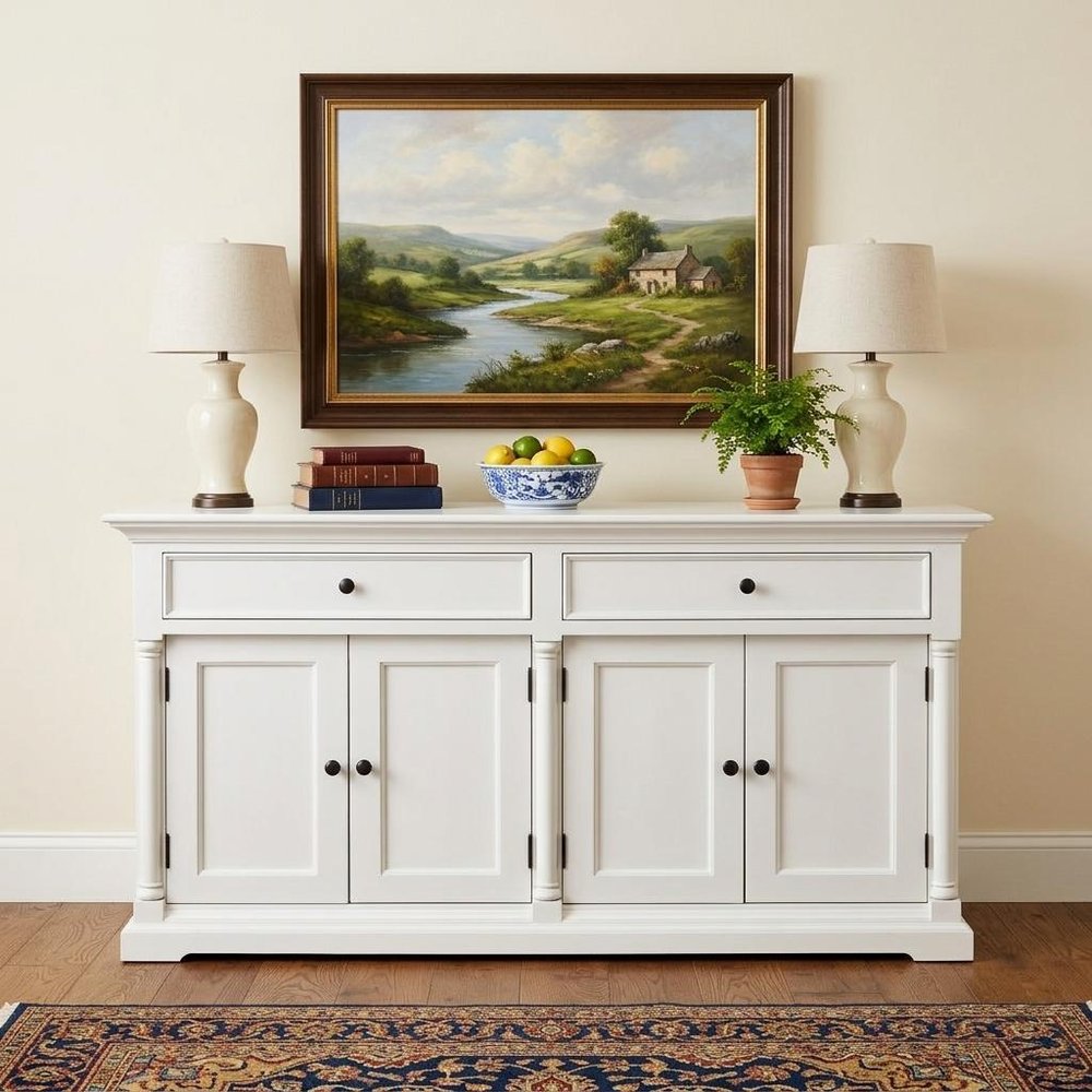 57" White Solid Wood Two Drawer Sideboard with Four Doors