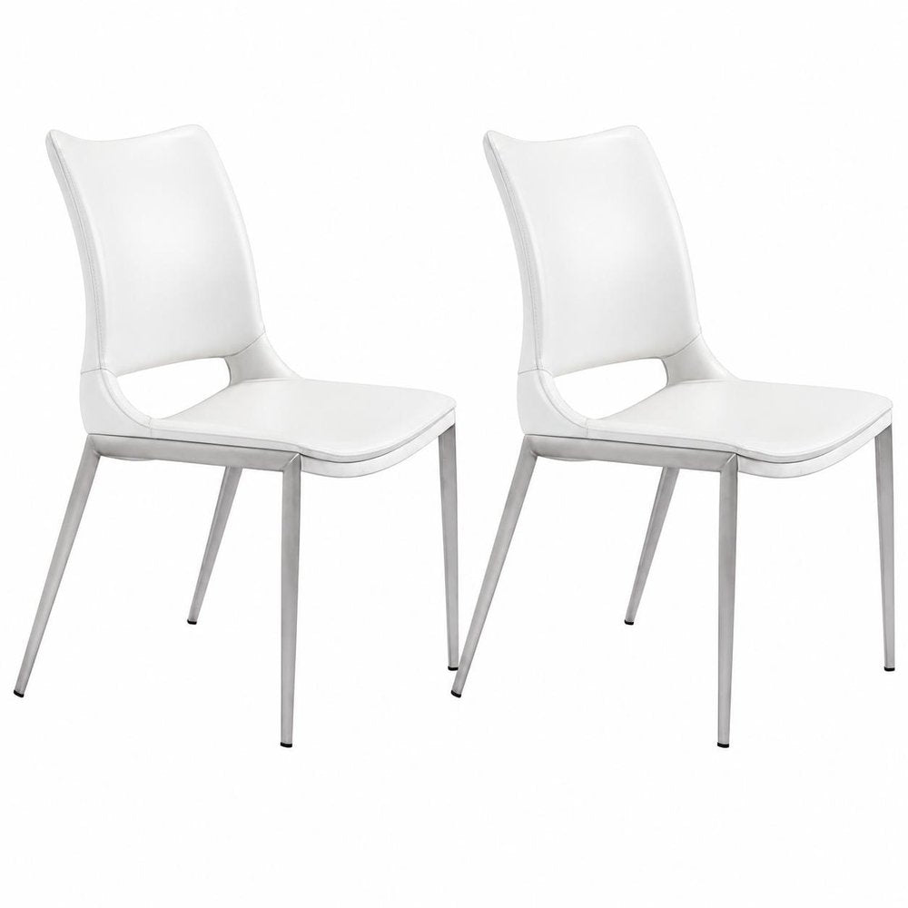 Set of Two White And Silver Upholstered Faux Leather Dining Side Chairs