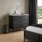 36" Black And White Solid Wood And Marble Three Drawer Dresser