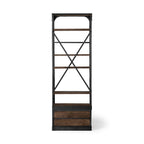 Black Iron and Solid Wood Five Tier Bookcase with Two Drawers
