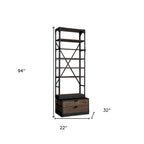 Black Iron and Solid Wood Five Tier Bookcase with Two Drawers