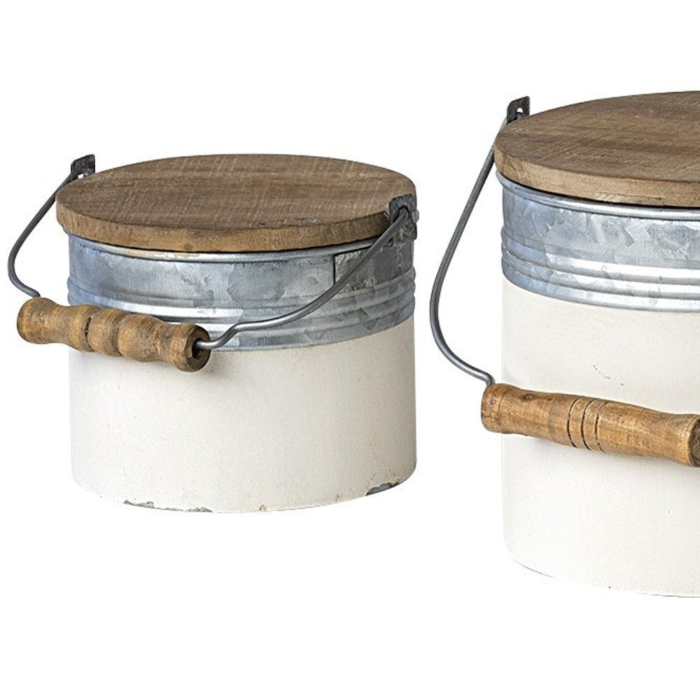 Set of Three White Gray And Brown Metal And Solid Wood Storage Buckets With Lid