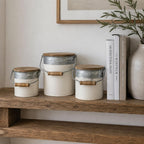 Set of Three White Gray And Brown Metal And Solid Wood Storage Buckets With Lid