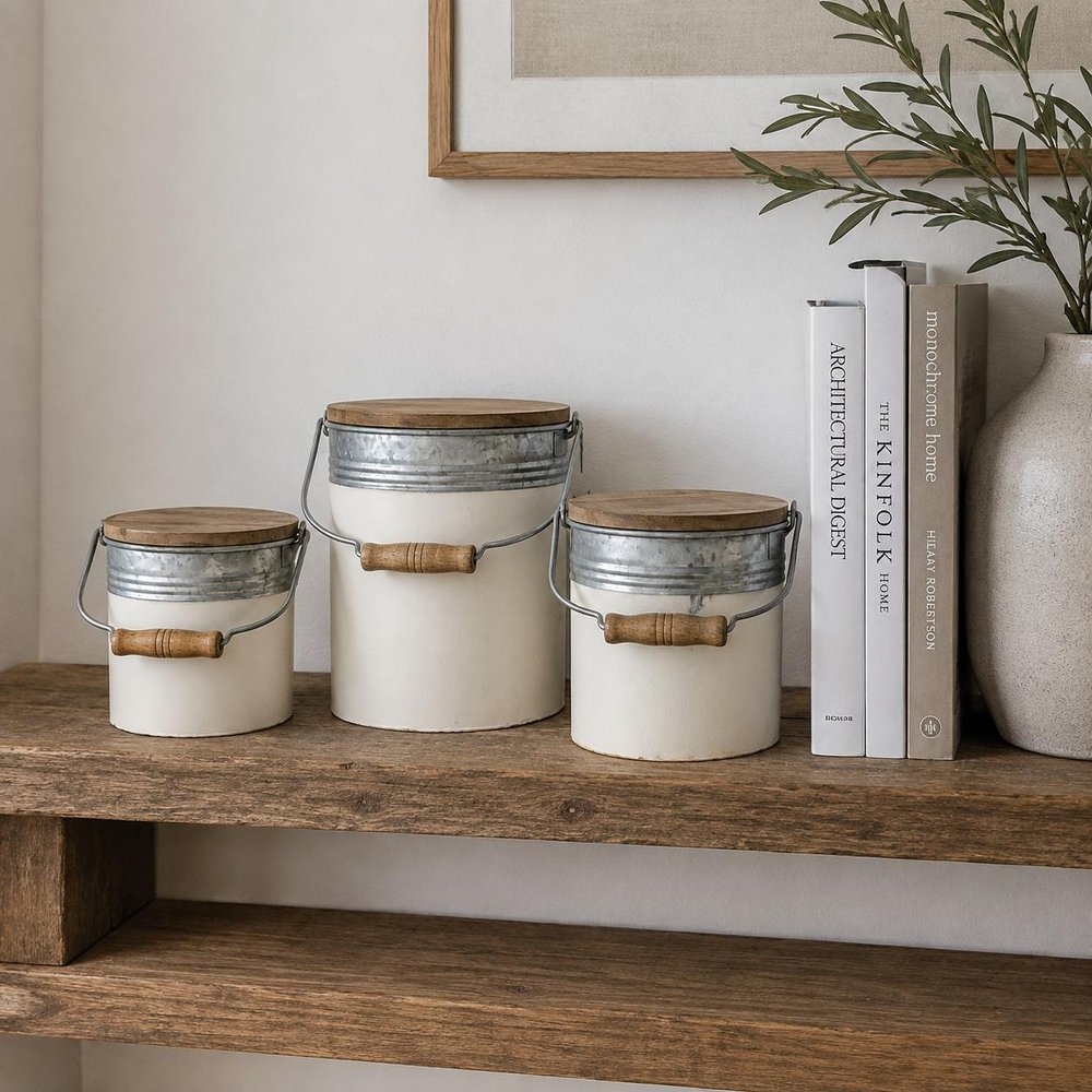 Set of Three White Gray And Brown Metal And Solid Wood Storage Buckets With Lid