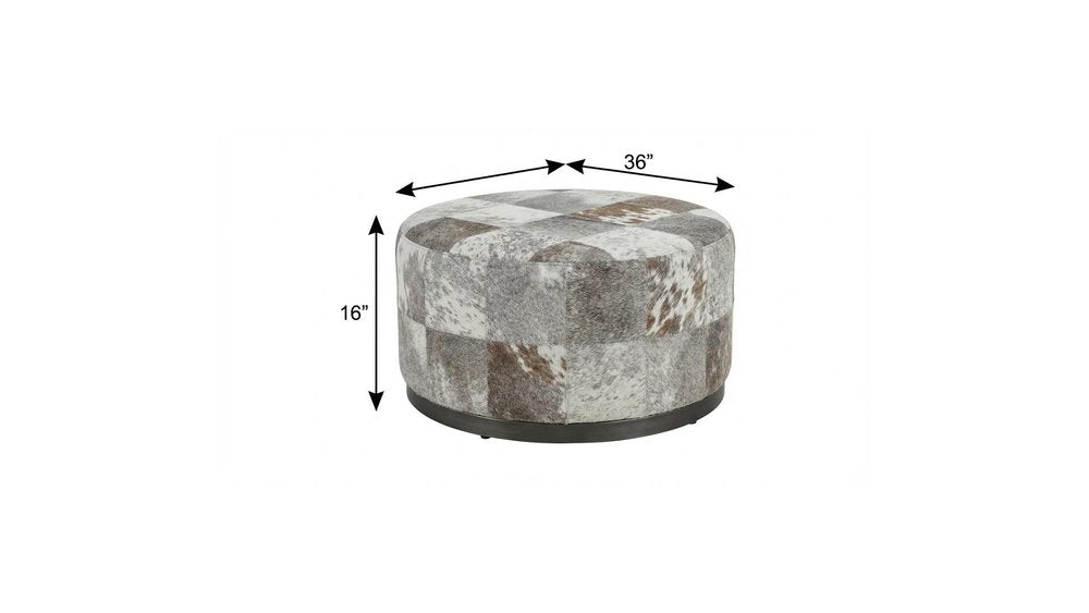 36" Gray Wool And Brown Footstool Ottoman