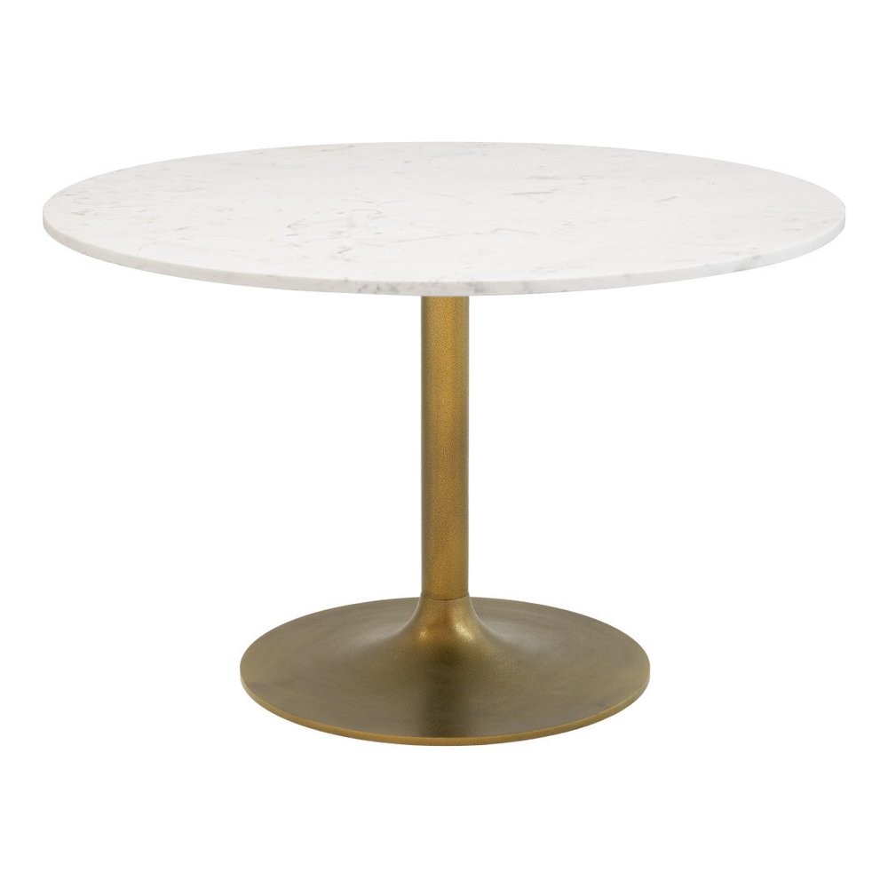 47" White and Gold Marble and Steel Pedestal Base Round Top Dining Table