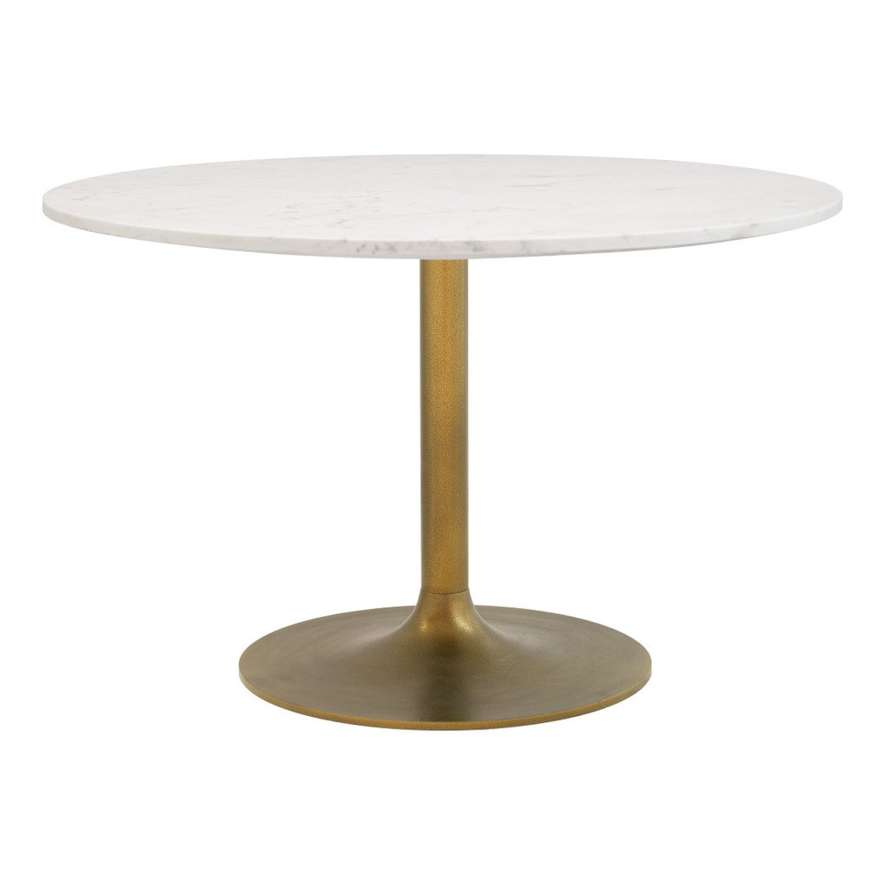47" White and Gold Marble and Steel Pedestal Base Round Top Dining Table