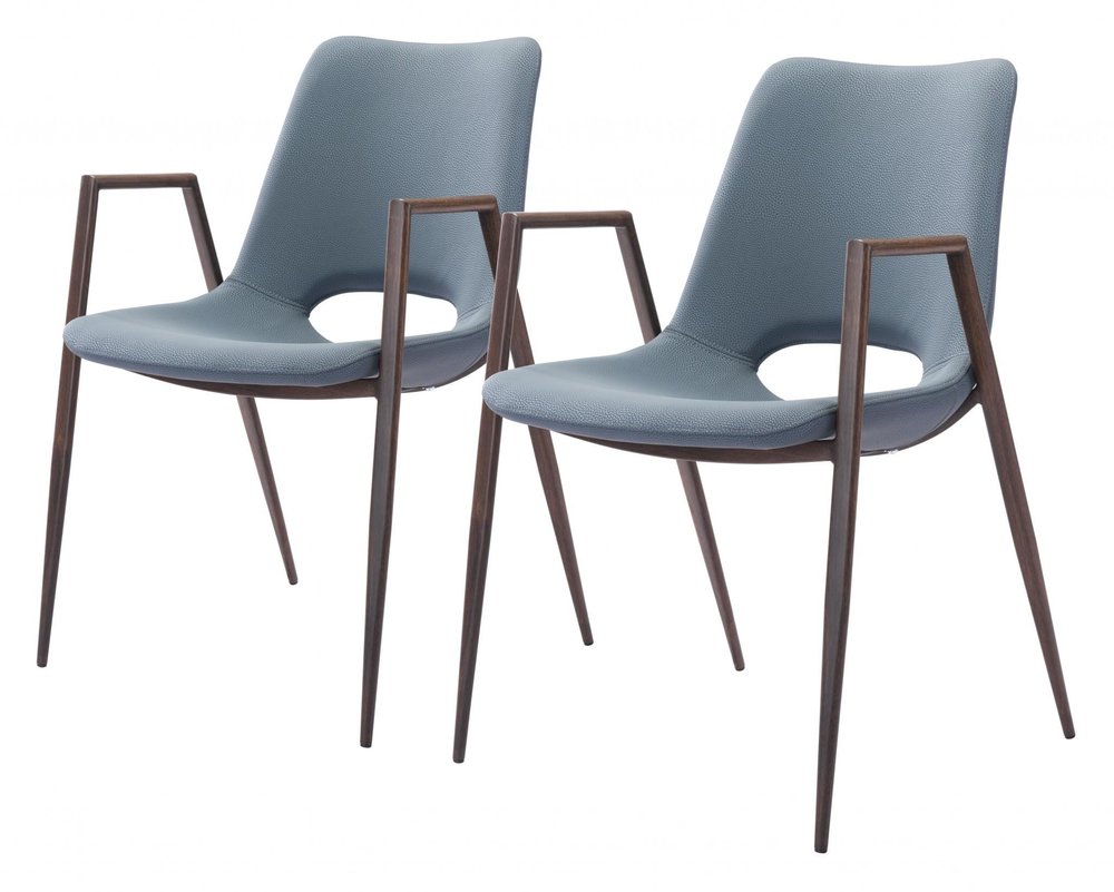 Set of Two Brown And Walnut Faux Leather And Wood And Steel Dining Arm Chairs