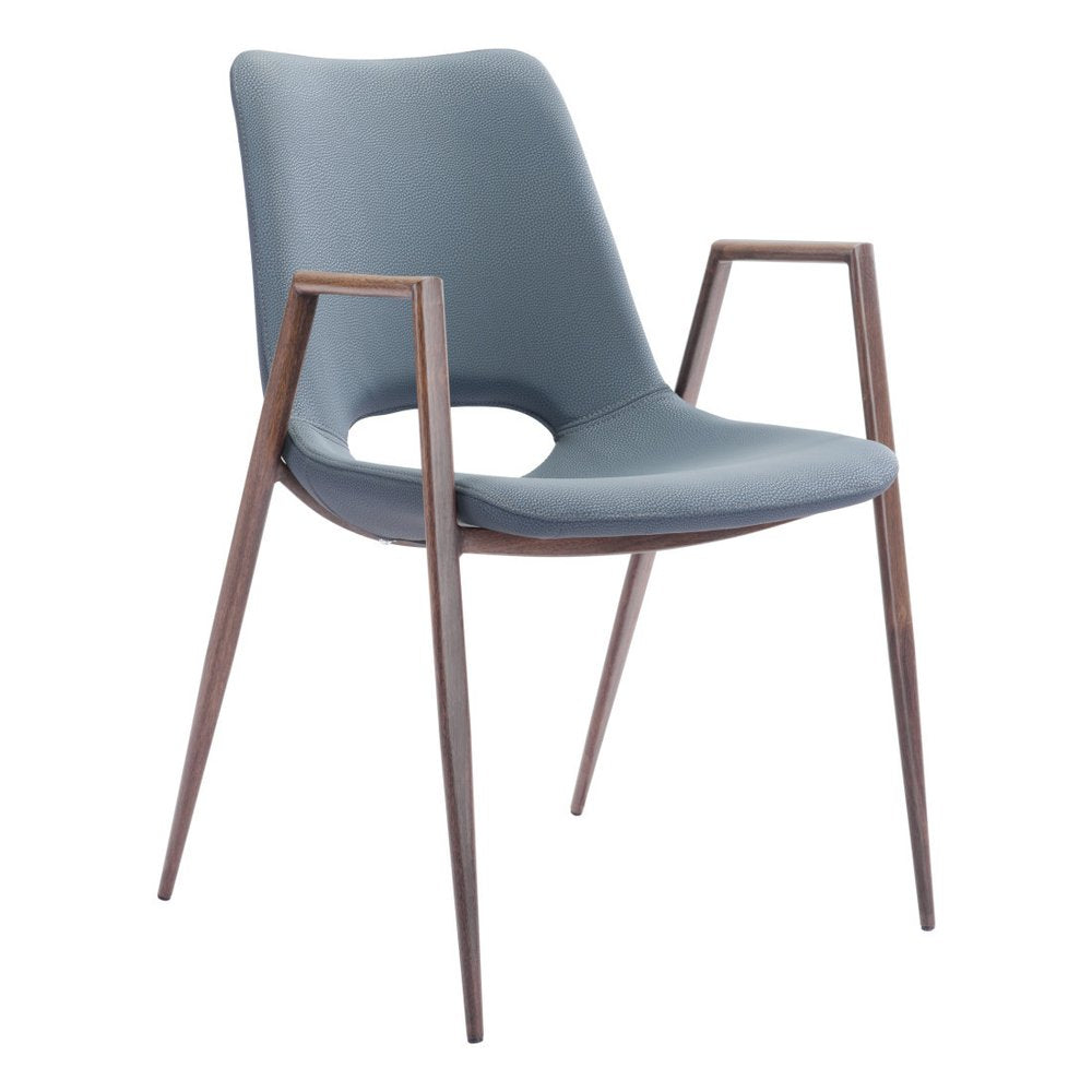 Set of Two Brown And Walnut Faux Leather And Wood And Steel Dining Arm Chairs