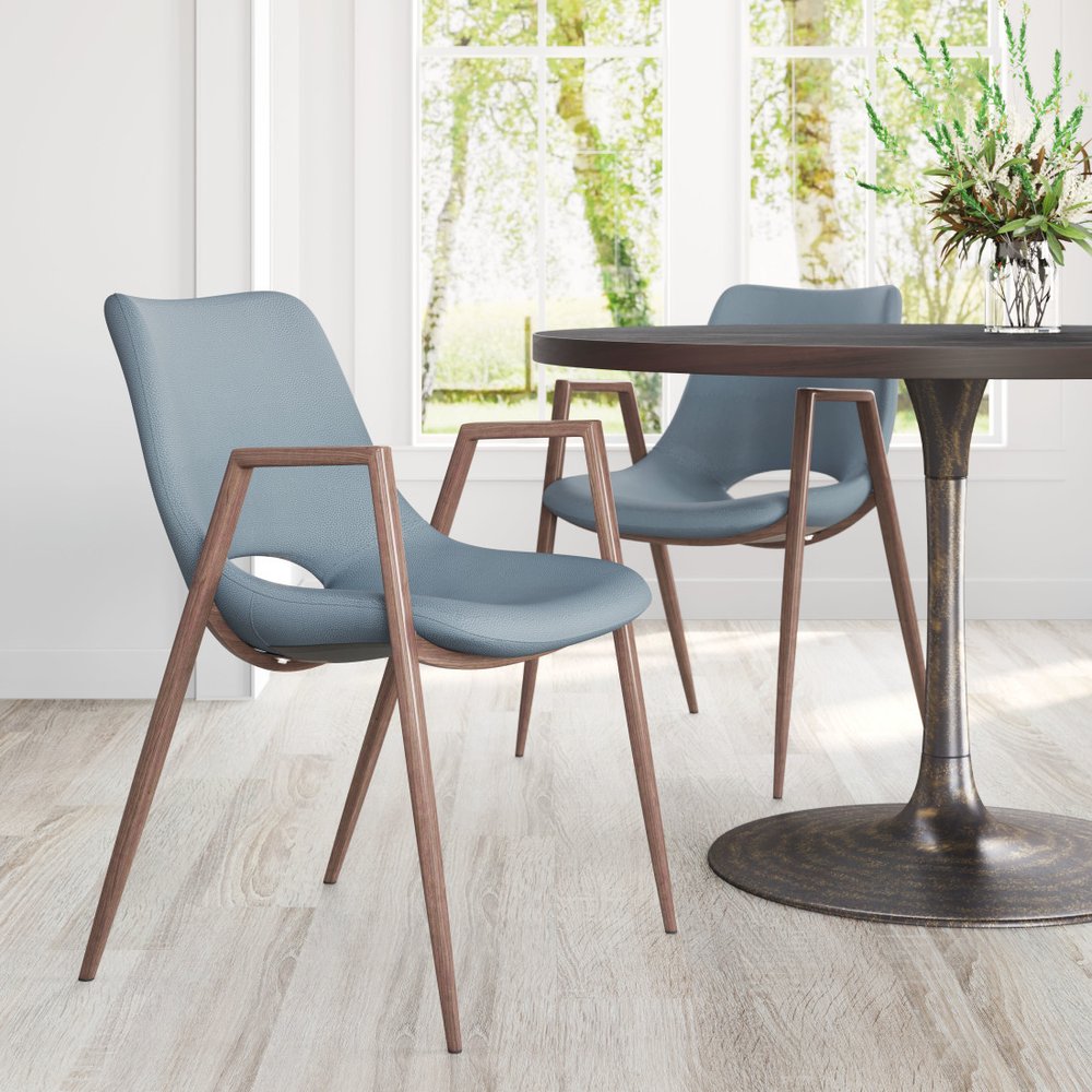 Set of Two Brown And Walnut Faux Leather And Wood And Steel Dining Arm Chairs