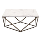 36" White and Antiqued Brass Faux Marble And Steel Square Abstract Coffee Table