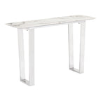 47" White and Silver Faux Marble and Stainless Steel Sled Console Table