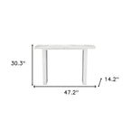 47" White and Silver Faux Marble and Stainless Steel Sled Console Table