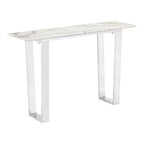 47" White and Silver Faux Marble and Stainless Steel Sled Console Table