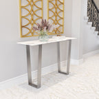 47" White and Silver Faux Marble and Stainless Steel Sled Console Table