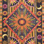 80" X 56" Black Red And Yellow Cotton Star and Sunburst Hanging Tapestry