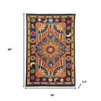 80" X 56" Black Red And Yellow Cotton Star and Sunburst Hanging Tapestry