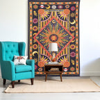 80" X 56" Black Red And Yellow Cotton Star and Sunburst Hanging Tapestry