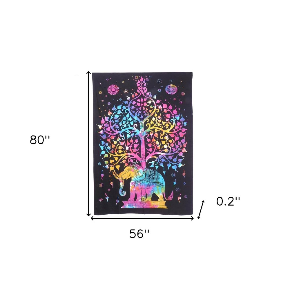 80" X 56" Black Pink And Yellow Elephant Mandala Cotton Hanging Tapestry